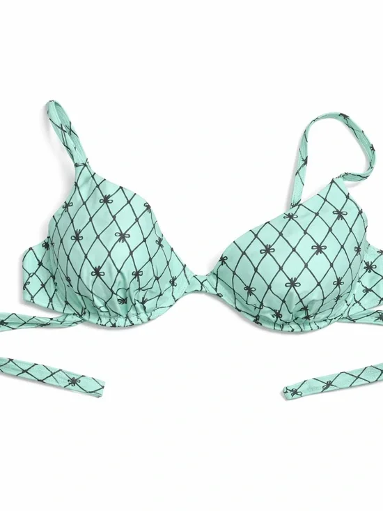 Betsey Johnson Mint Green Floral Grid Ruffle With Bows Bikini Set Lg - Picture 10 of 10